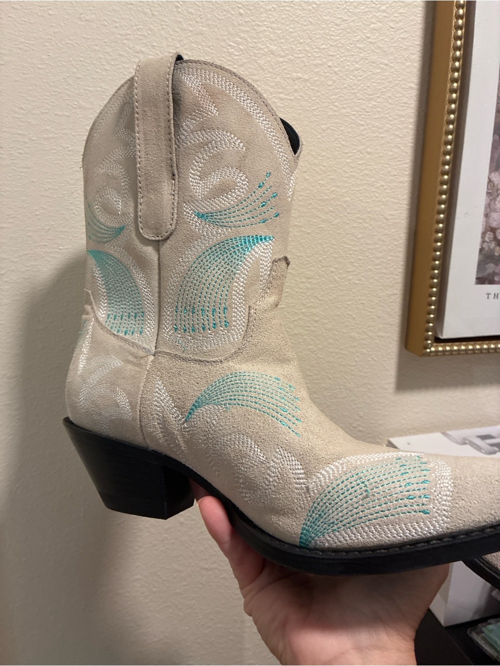 Roper Cowgirl boots Beige Suede Western Ankle Boots with Turquoise Stitching